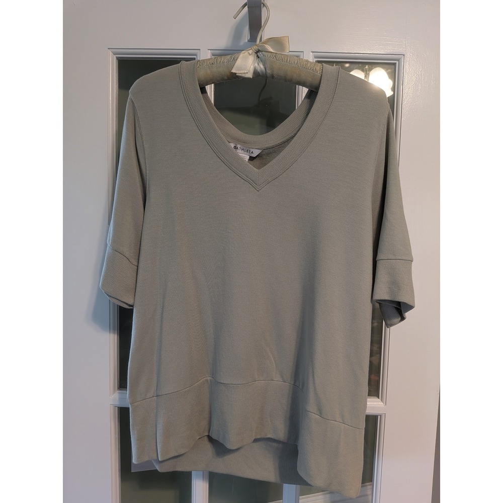 Athleta Womens XL Sage Green Tencel Modal V-Neck Short Sleeve Sweatshirt Top